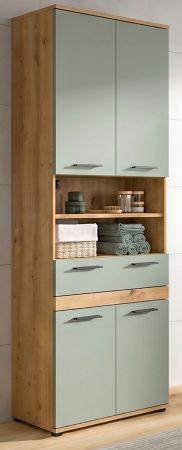 Badezimmer Hochschrank Bailey in Salbei und Artisan Eiche Badschrank 70 x 191 cm