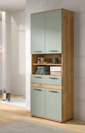 Badezimmer Hochschrank Bailey in Salbei und Artisan Eiche Badschrank 70 x 191 cm