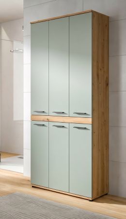 Badezimmer Hochschrank Bailey in Salbei und Artisan Eiche Badschrank 90 x 191 cm