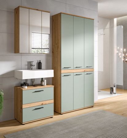 Badezimmer Hochschrank Bailey in Salbei und Artisan Eiche Badschrank 90 x 191 cm