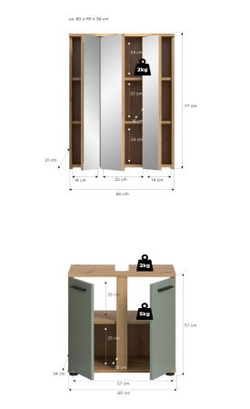 Badm�bel Set 2-teilig Bailey in Salbei und Artisan Eiche Badkombination 60 x 191 cm