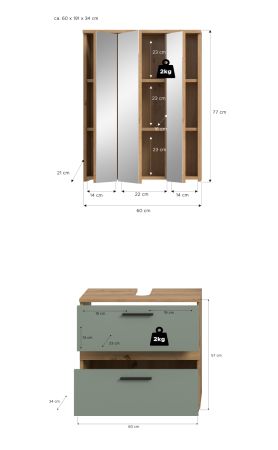 Badm�bel Set 2-teilig Bailey in Salbei und Artisan Eiche Badkombination 60 x 191 cm