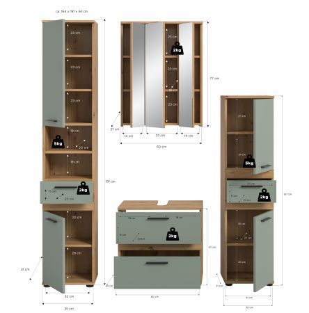 Badm�bel Set 4-teilig Bailey in Salbei und Artisan Eiche, Badkombination 164 x 191 cm
