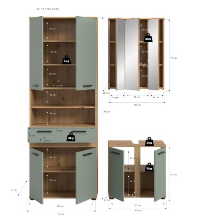 Badm�bel Set 3-teilig Bailey in Salbei und Artisan Eiche Badkombination 145 x 191 cm