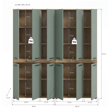 Badezimmer Hochschrank Set Bailey in Salbei und Artisan Eiche 2x Mehrzweckschrank 180 x 191 cm