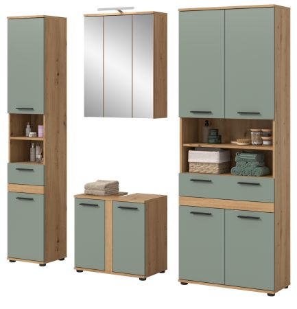 Badm�bel Set 5-teilig Bailey in Salbei und Artisan Eiche Badkombination inkl. LED 199 x 191 cm