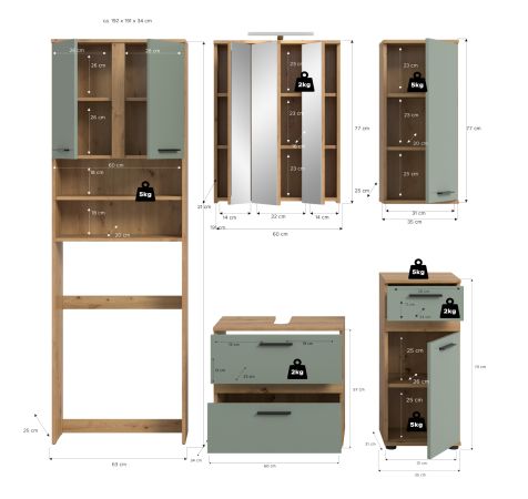 Badm�bel Set 6-teilig Bailey in Salbei und Artisan Eiche Badkombination inkl. LED 192 x 191 cm