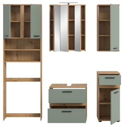 Badm�bel Set 6-teilig Bailey in Salbei und Artisan Eiche Badkombination inkl. LED 192 x 191 cm