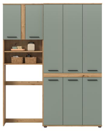 Badezimmer Hochschrank Set Bailey in Salbei und Artisan Eiche Badschrank 153 x 191 cm