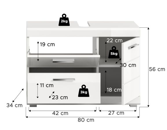 Waschbeckenunterschrank Shawn in Wei� Hochglanz, Badeschrank Breite 80 cm mit Vollauszug