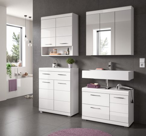 Waschbeckenunterschrank Shawn in Wei� Hochglanz, Badeschrank Breite 80 cm mit Vollauszug