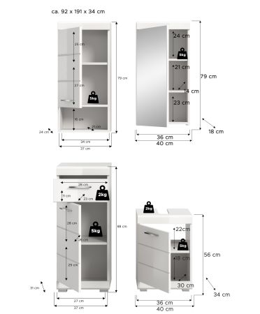 Badm�bel Set 4-teilig Shawn in wei� Hochglanz Badkombination 92 x 191 cm