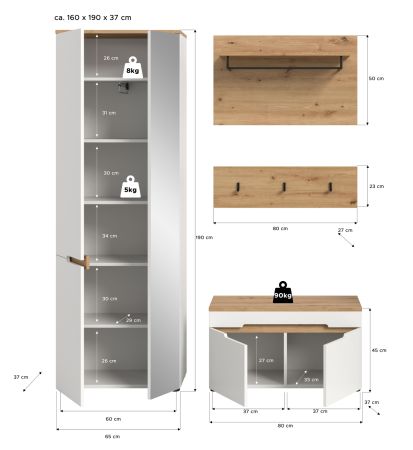 Garderobe Set 4-teilig Cooper in wei� und Artisan Eiche 160 cm, Soft-Close