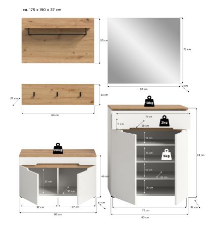 Garderobe Set 5-teilig Cooper in wei� und Artisan Eiche 175 cm, Soft-Close
