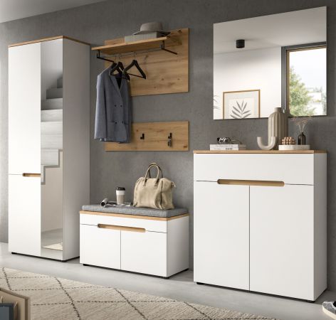 Garderobe Set 7-teilig Cooper in wei� und Artisan Eiche, Komplett-Set mit Sitzkissen und Soft-Close
