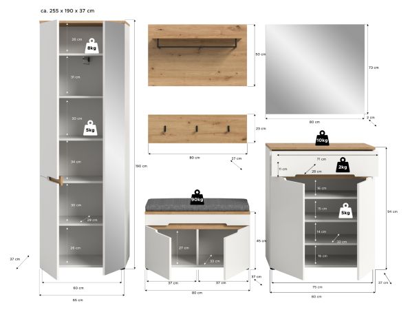 Garderobe Set 7-teilig Cooper in wei� und Artisan Eiche, Komplett-Set mit Sitzkissen und Soft-Close