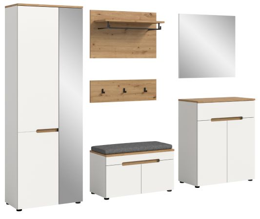 Garderobe Set 7-teilig Cooper in wei� und Artisan Eiche, Komplett-Set mit Sitzkissen und Soft-Close