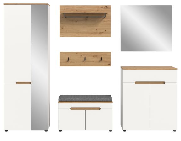 Garderobe Set 7-teilig Cooper in wei� und Artisan Eiche, Komplett-Set mit Sitzkissen und Soft-Close