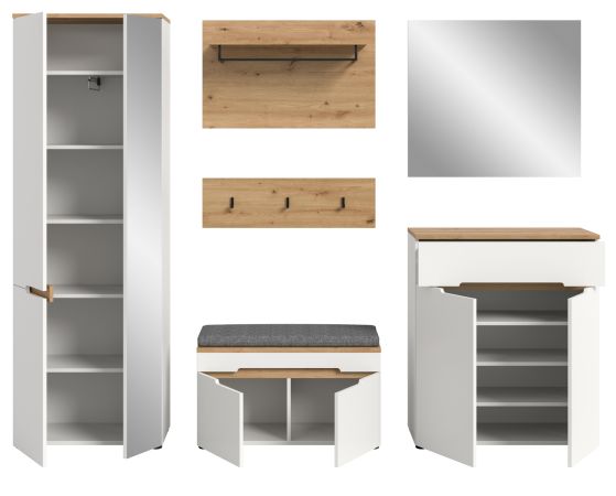 Garderobe Set 7-teilig Cooper in wei� und Artisan Eiche, Komplett-Set mit Sitzkissen und Soft-Close