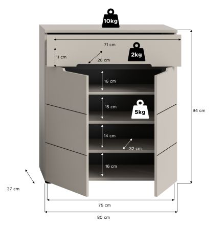 Flurkommode Cooper in Kaschmir Schuhschrank 80 x 94 cm, Soft-Close
