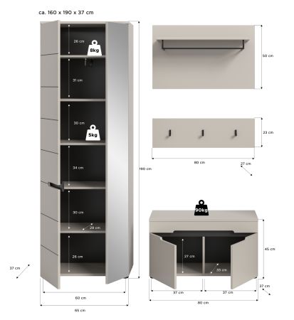 Garderobe Set 4-teilig Cooper in Kaschmir 160 cm, Soft-Close
