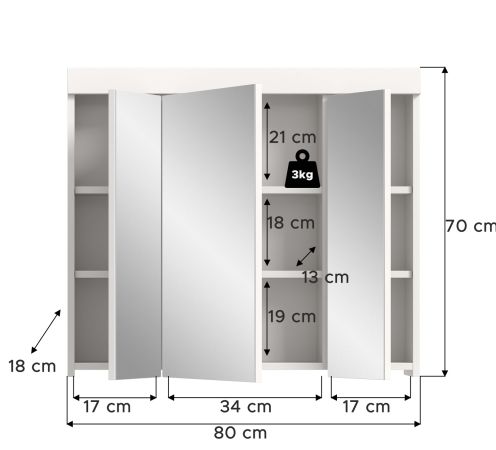 Badezimmer Spiegelschrank Gusto in wei� matt Badschrank 3-t�rig 80 x 70 cm
