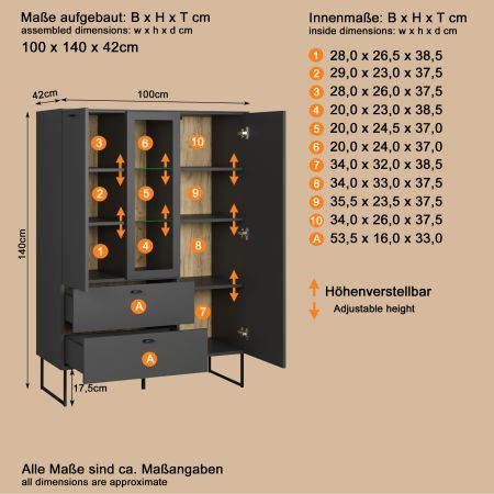 Highboard Nuvola in grau und Eiche Evoke, Wohn- und Esszimmer Vitrinenschrank 100 x 140 cm