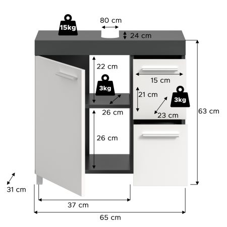 Waschbeckenunterschrank Adam Grau und Wei� 65 cm mit 2x Vollauszug