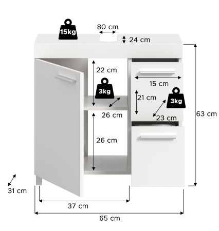 Waschbeckenunterschrank Adam in Wei� 65 x 63 cm mit 2 Vollauszug-Schubladen