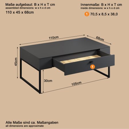 Couchtisch Nuvola in grau und Eiche Evoke, Wohnzimmertisch 110 x 45 cm
