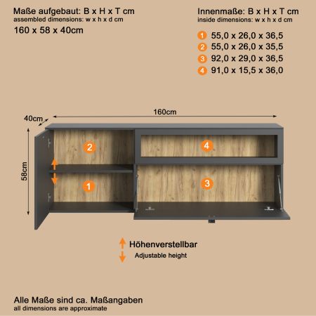 TV-Lowboard Nuvola in grau und Eiche Evoke, TV-Schrank 160 x 58 cm