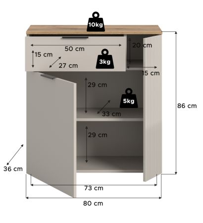 Kommode Skid in Kaschmir Sand und Evoke Eiche Sideboard 80 x 86 cm