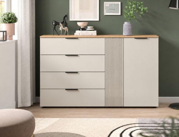 Sideboard Skid in Kaschmir Sand und Evoke Eiche Kommode 140 x 86 cm
