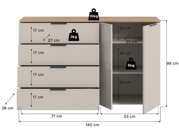 Sideboard Skid in Kaschmir Sand und Evoke Eiche Kommode 140 x 86 cm