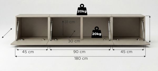 TV-Lowboard Nexus in Kaschmir TV Unterteil h�ngend / stehend 180 cm, Soft-Close