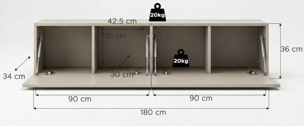 TV-Lowboard Nexus in Kaschmir TV Unterteil h�ngend / stehend 180 cm, Soft-Close