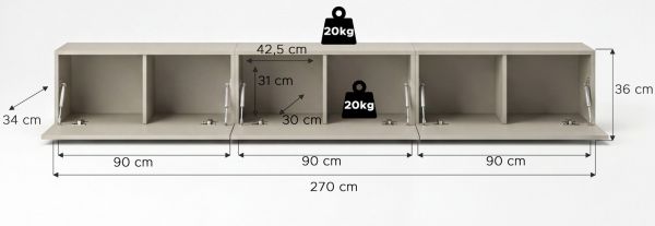 TV-Lowboard Nexus in Kaschmir XL TV Unterteil h�ngend / stehend 270 cm, Soft-Close