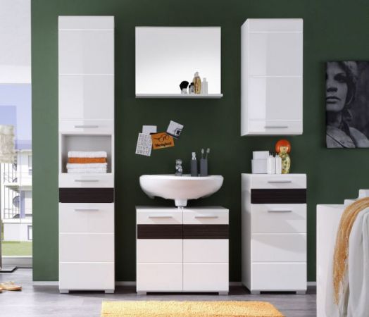 Badezimmer Unterschrank Mezzo in wei� Hochglanz mit Eiche dunkel Badschrank 37 x 79 cm