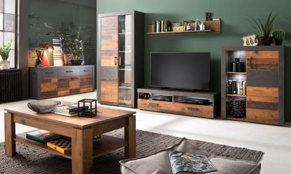 Wohnwand Foundry 4-teilig 340 cm in Used Wood Altholz und Matera grau mit LED Beleuchtung
