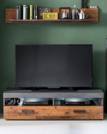 TV-Lowboard Foundry in Used Wood Altholz Dekor mit Grau, Set inklusive Wandregal 140 cm