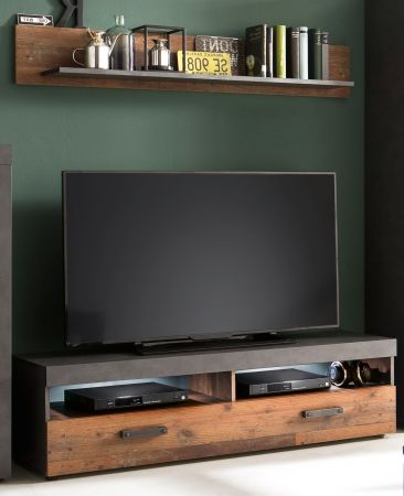 TV-Lowboard Foundry in Used Wood Altholz Dekor mit Grau, Set inklusive Wandregal 140 cm