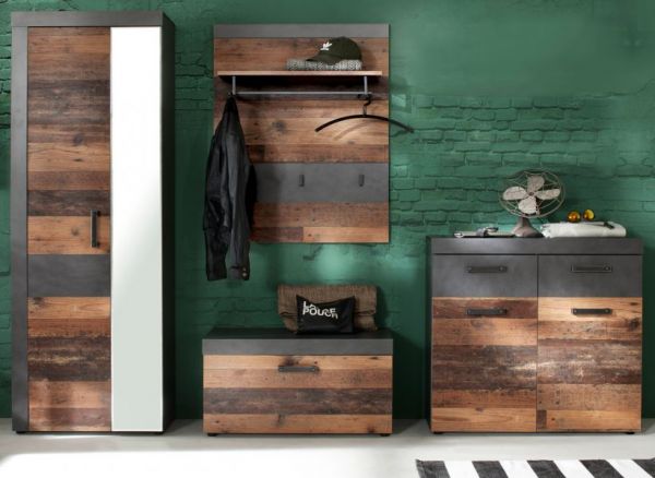 Garderobe Foundry in Old Used Wood mit grau 4-teilig (265 x 192 cm)