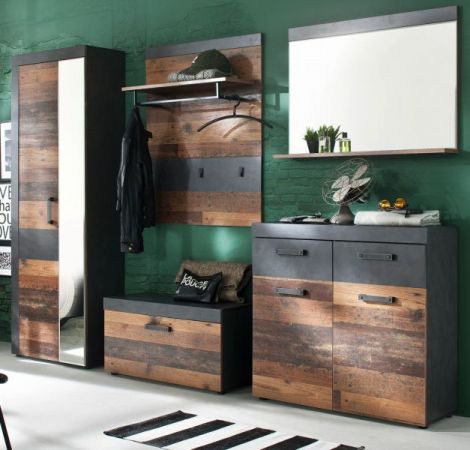 Garderobenschrank Foundry in Used Wood Shabby mit Matera grau Schuhschrank 65 x 192 cm