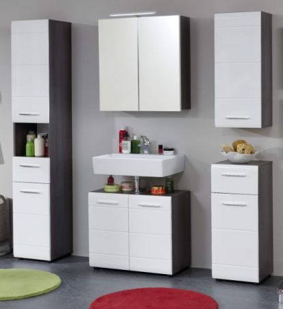 Badezimmer Badm�bel Set Matrix in wei� Hochglanz und Sardegna grau Rauchsilber Badkombination 2-teilig 60 x 182 cm