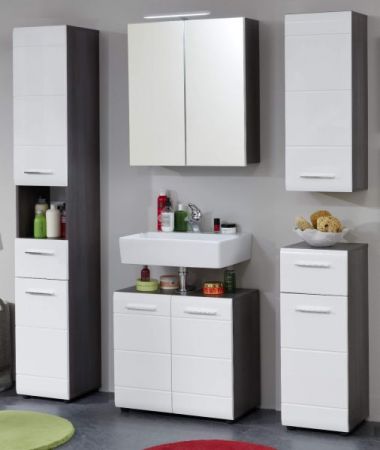 Badezimmer Hochschrank Matrix in wei� Hochglanz und grau Rauchsilber 30 x 182 cm