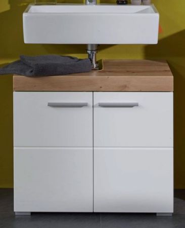 Badezimmer Waschbeckenunterschrank Adamo in wei� Hochglanz und Eiche Badschrank 60 x 56 cm