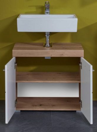 Badezimmer Waschbeckenunterschrank Adamo in wei� Hochglanz und Eiche Badschrank 60 x 56 cm