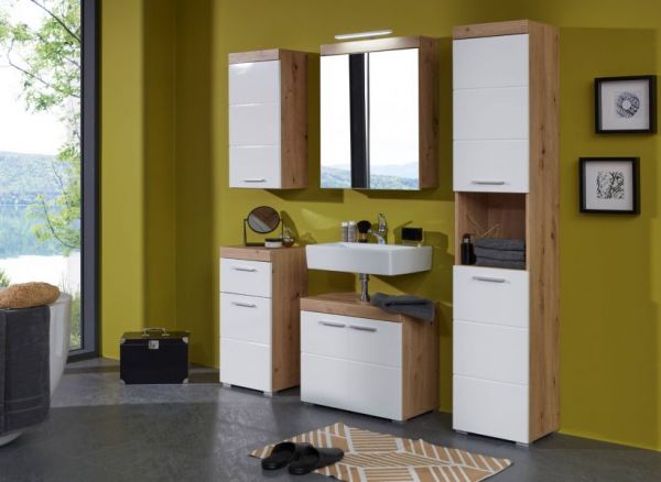 Bad H�ngeschrank Adamo in wei� Hochglanz und Asteiche Badschrank 37 x 77 cm