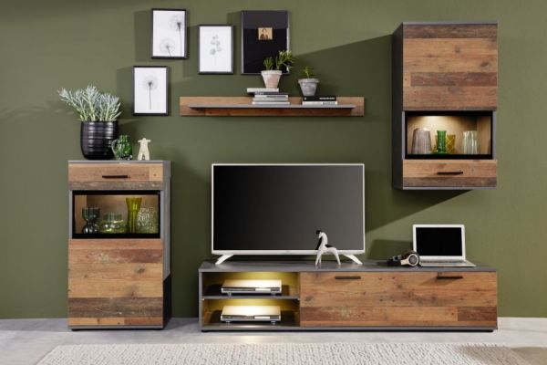 Wohnwand Cargo in Old Used Wood Shabby Design mit Matera grau Schrankwand 4-teilig 246 x 182 cm