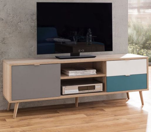 TV-Lowboard Colory in Sonoma Eiche hell mit Petrol, Wei� und Grau skandinavischer Fernsehtisch Tricolor 150 x 52 cm